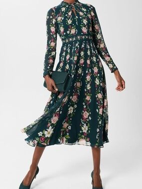 HOBBS London Helena Floral 100% Silk Midi Dress Size 4 Dark Green Cottagecore